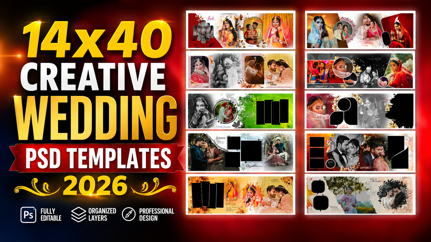 14x40 Creative Wedding PSD Templates 2026 Collection